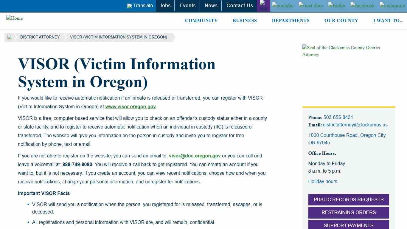 VISOR (Victim Information System in Oregon) Clackamas County